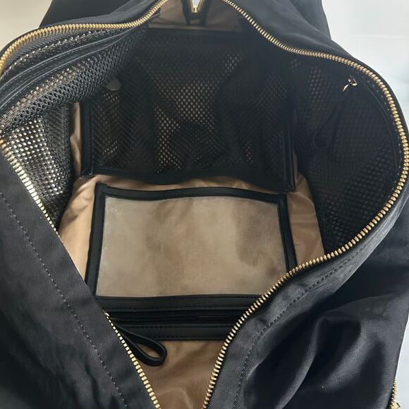 CARAA Large Backpack Black Nylon Leather Trim Gold Hardware Travel Bag 15\